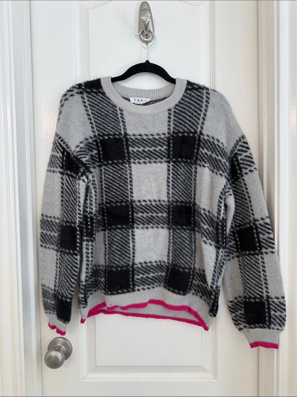 THML Black & Gray Plaid Crewneck Sweater with Pink Trim